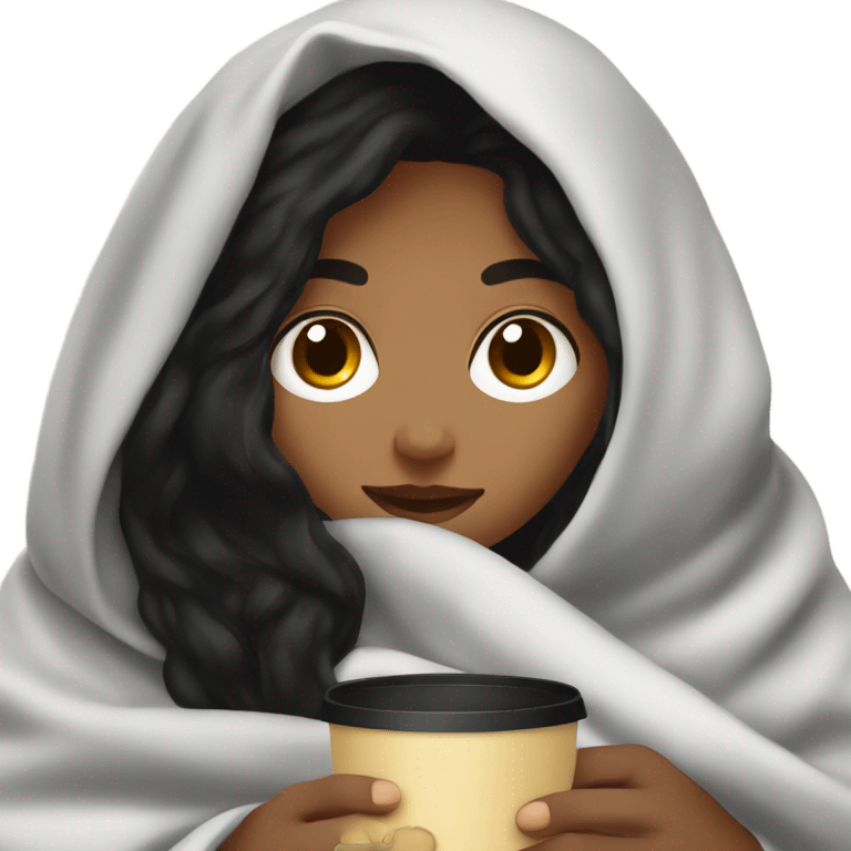 Girl with black hair under the blanket looking at the coffee in her hand emoji