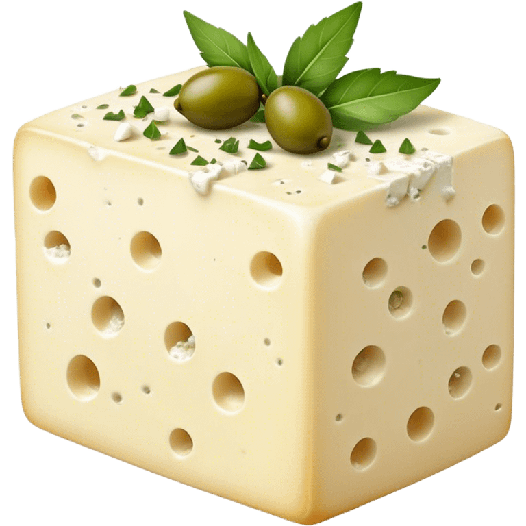 Cinematic Realistic Feta Cheese Dish Emoji, depicted as a block of crumbly, tangy cheese garnished with olive oil and herbs rendered with lifelike detail and soft natural lighting. emoji