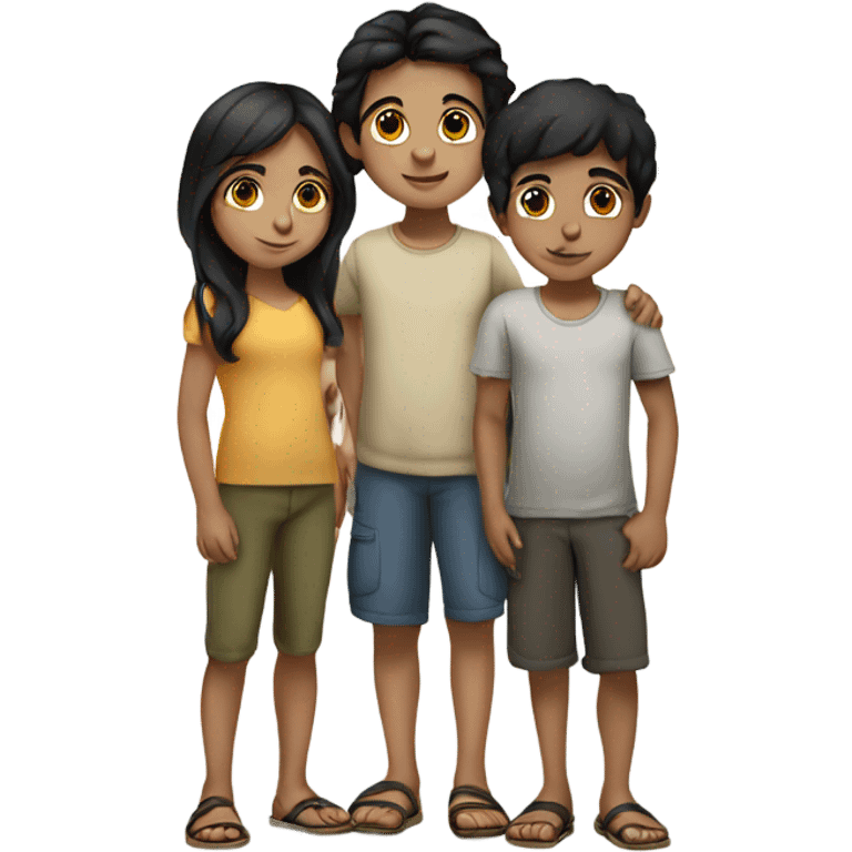 3 middle eastern children standing together. give them black hair and olive skin. emoji