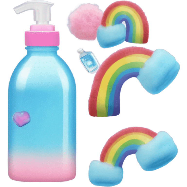 A blue UGGs, a cotton candy color water bottle, a rainbow hand sanitizer in the shape of a square emoji