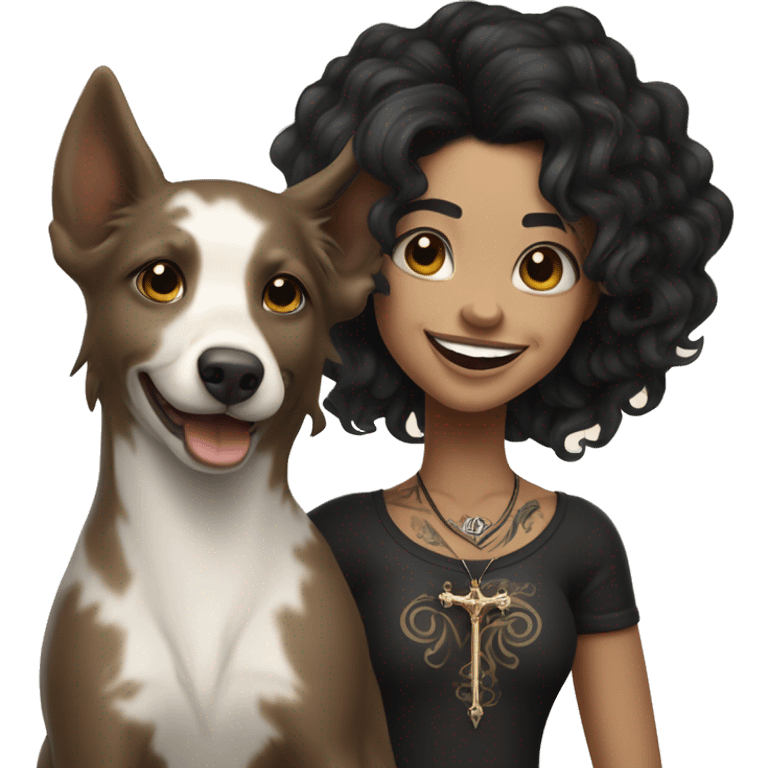 light skin woman with a face tattoo of a cross and long wavy black hair expressing joy alongide a white and brown miniature kelpie emoji