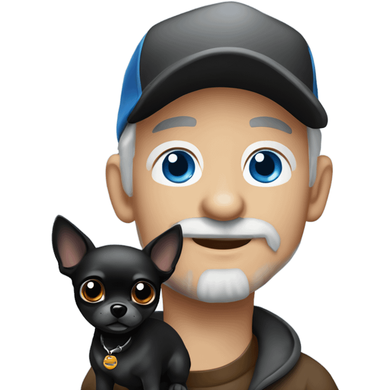 Old man with blue eyes goatee beard ball cap holding cute black Chihuahua with long fur emoji