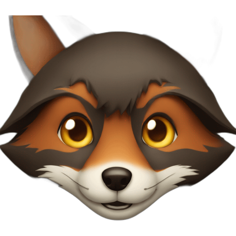 a small dark brown fox with orange eyes with a dark green hood that smile emoji