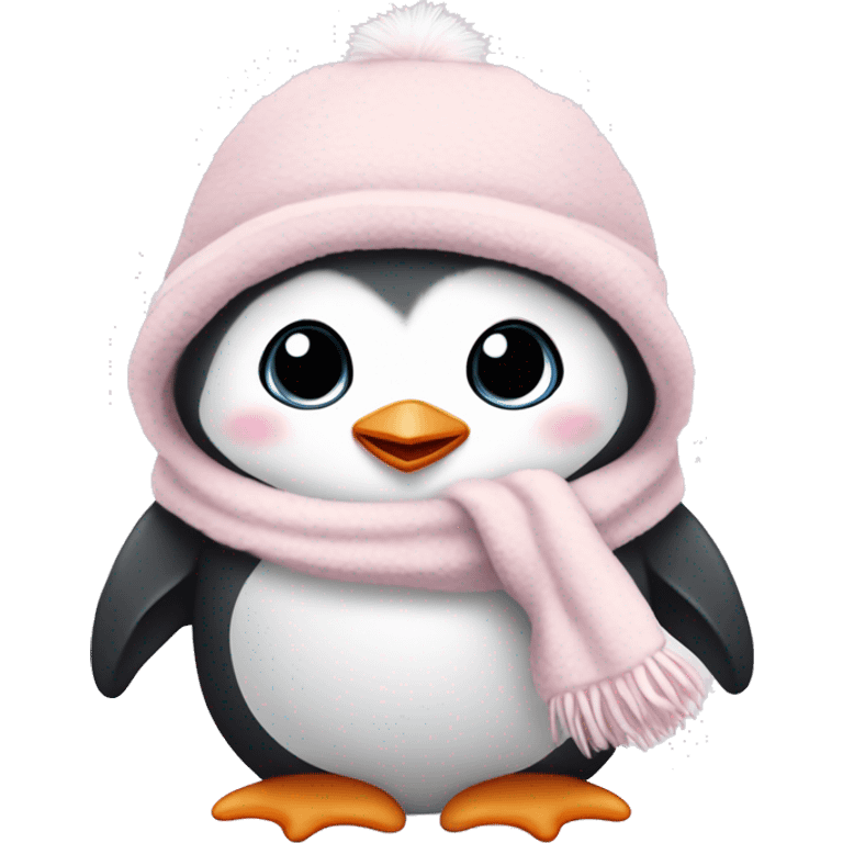 Cute Little Baby penguin, wearing a light pink winter hat, cuddled up in a fluffy white blanket emoji