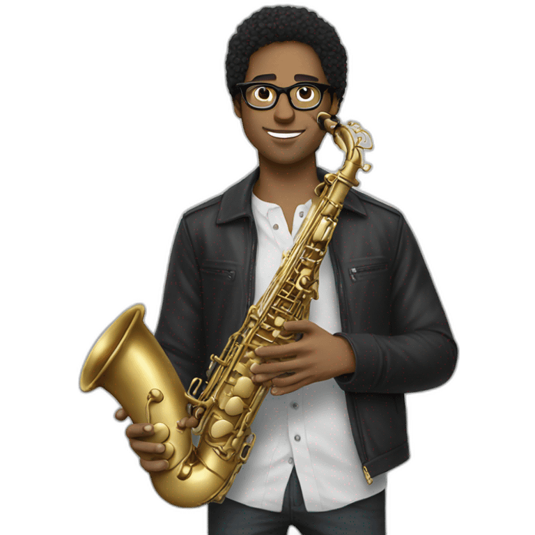 young white man  dark hair glasses saxophone emoji