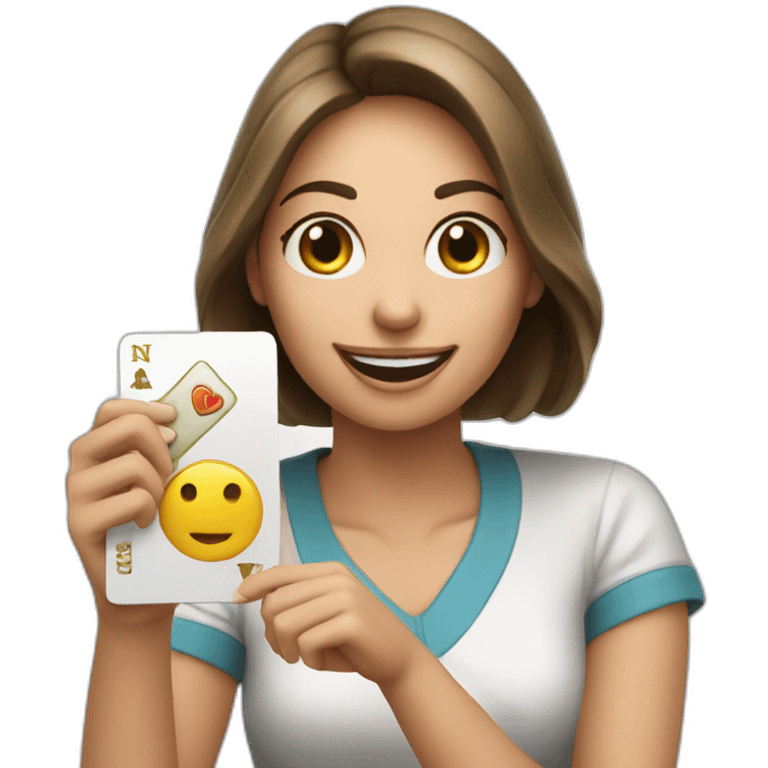 a woman handing uno reverse card looking happy emoji