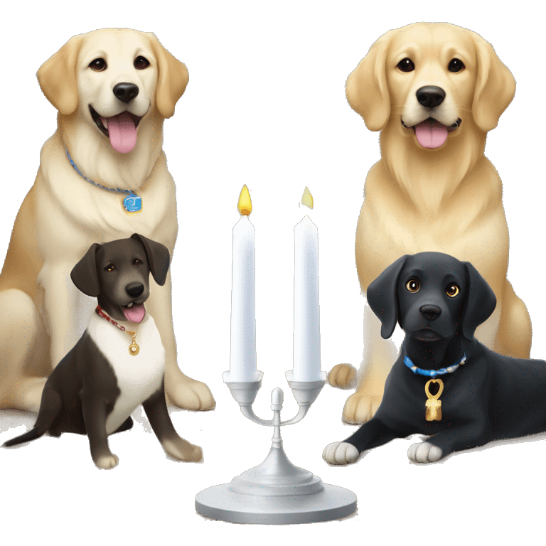 two dogs one a golden retriever and the other is a black labrador retriever with white paws and a white chest and a white spot on her nose. the dogs are next to a menorah  emoji