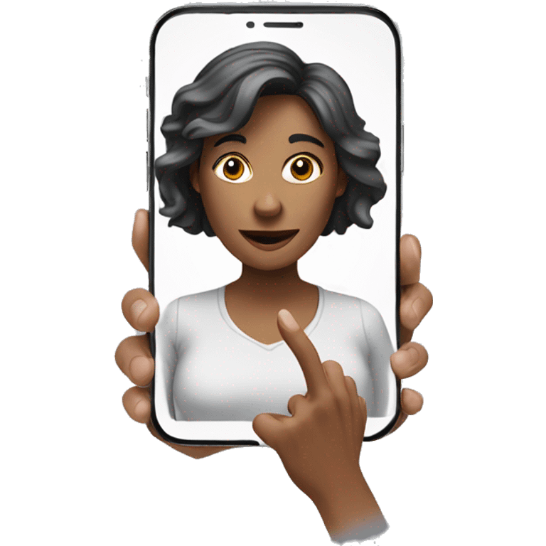 woman showing phone screen to viewer with perspective emoji