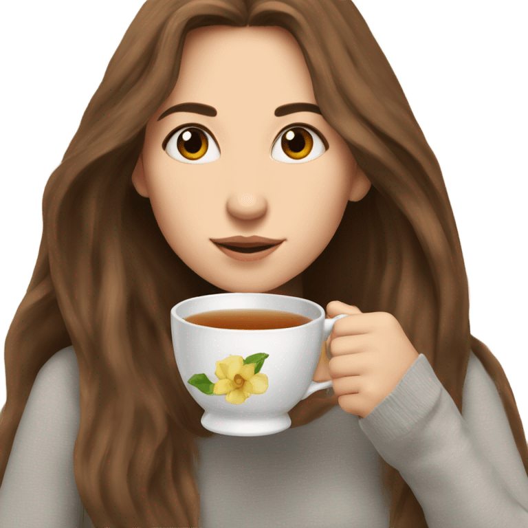 Girl sipping tea with long and brown hair and with body emoji