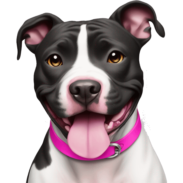 Black and white pit bull smiling with pink collar emoji