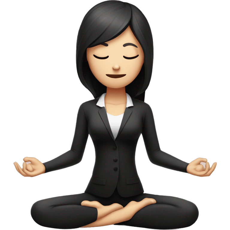 Slender woman in black suit and black hair for yoga with amulet sits in lotus pose with eyes closed emoji