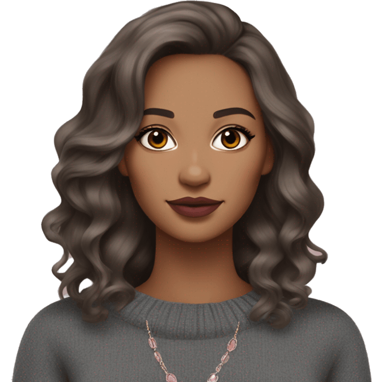 A woman with medium-length wavy brown hair, almond-shaped brown eyes, bold earthy-toned makeup, full nude-pink lips, and layered silver jewelry, wearing a dark top and gray sweater. Elegant and modern look. emoji