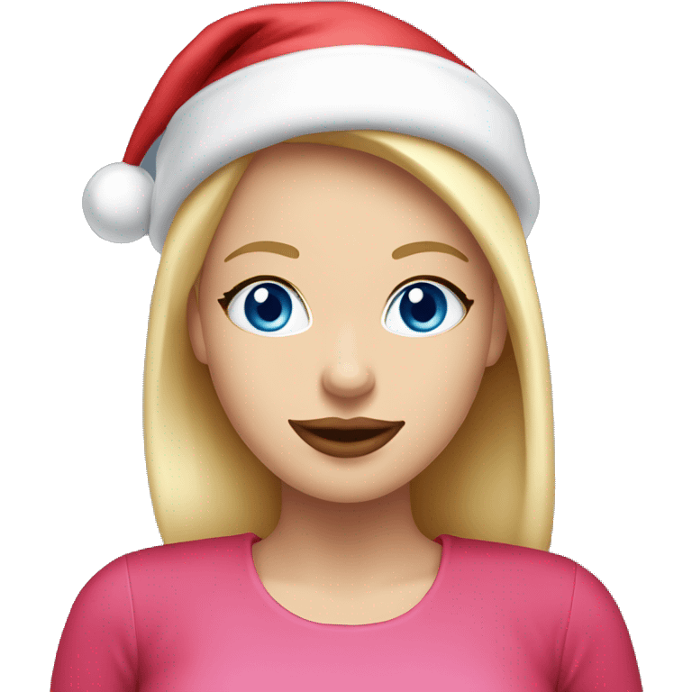 Beautiful blonde blue eyed woman, pink lips, wearing santa hat, wearing red top emoji