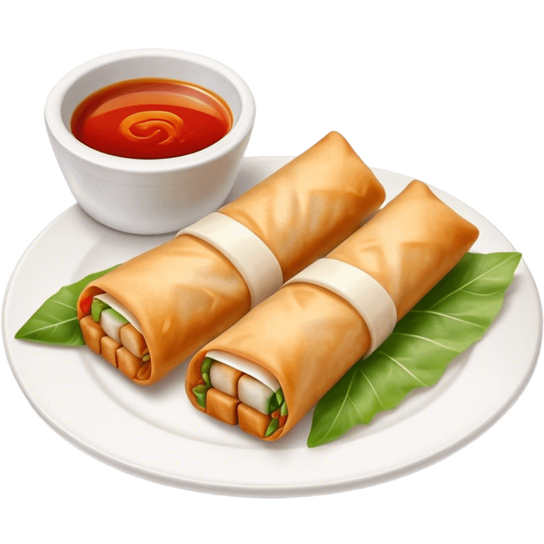 Spring Rolls Cinematic Realistic Spring Rolls Dish Emoji, depicted as 2 perfectly crisp spring rolls served with dipping sauce, rendered with lifelike textures and dynamic, appetizing lighting. emoji