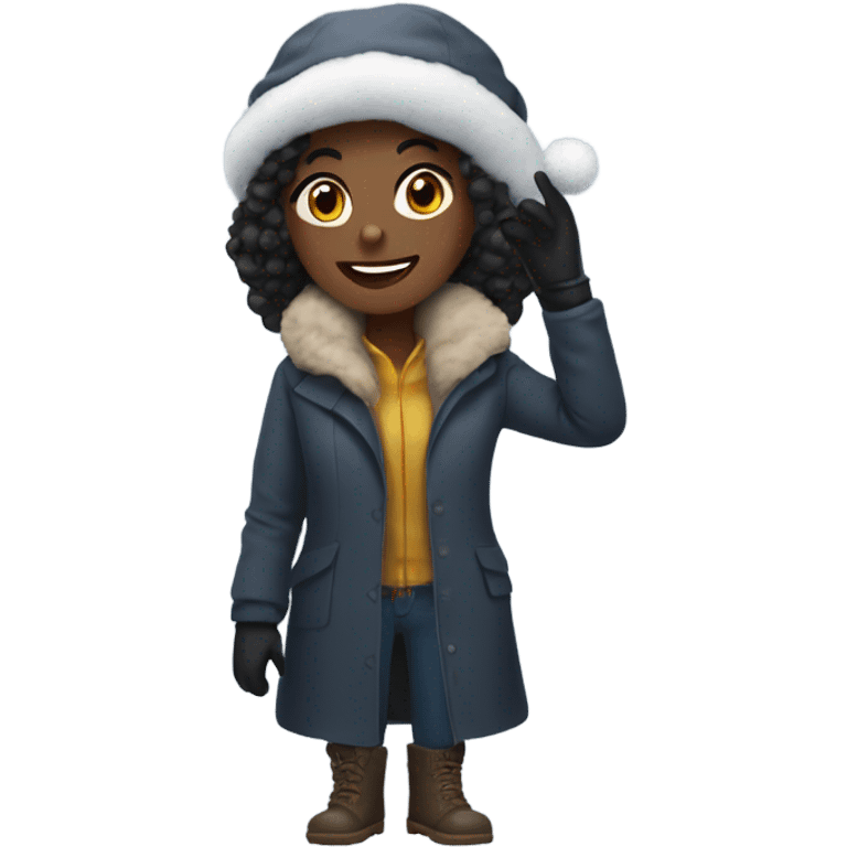 Black girl covered in snow wearing a hat , coat and gloves  emoji