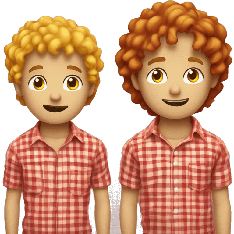 one boy in a yellow-red checkered shirt red t-shirt yellow slightly curly hair right pupil looking to the right and left pupil looking to the left, a bit stupid emoji