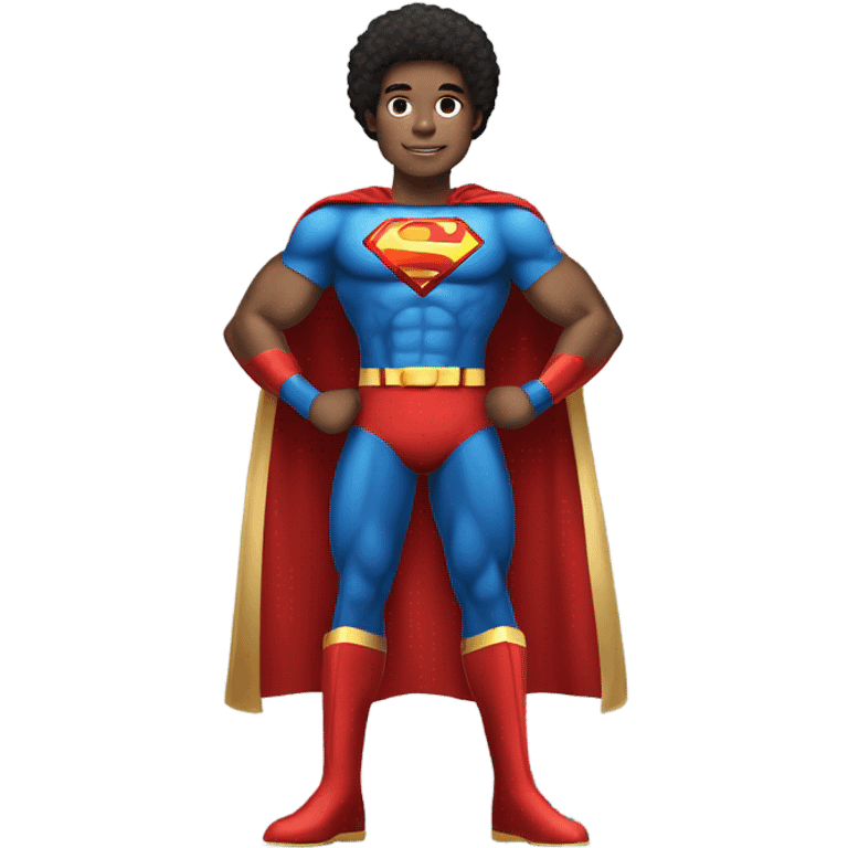 Afro light-skinned tall  muscular male teenager in red gold and blue Superman superhero costume. emoji