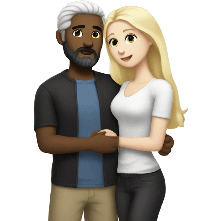 Man, white skin, short black hair, long beard, hugging a white woman with blonde hair  emoji