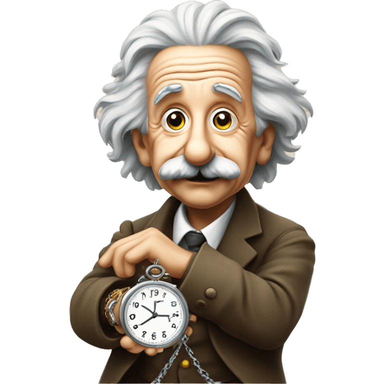 Albert Einstein holding an antique watch on a chain emoji