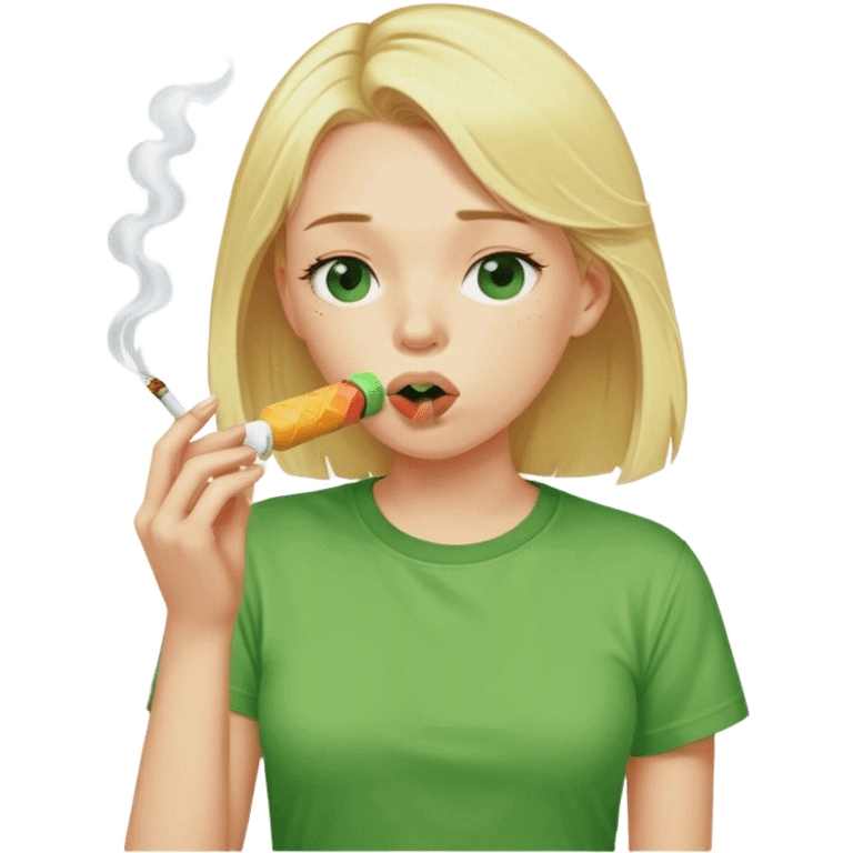 Disgusting blonde girl with food around her mouth. She looks incredibly tired while wearing green T-shirt smoking a cigarette eating a brown ice lolly.  emoji