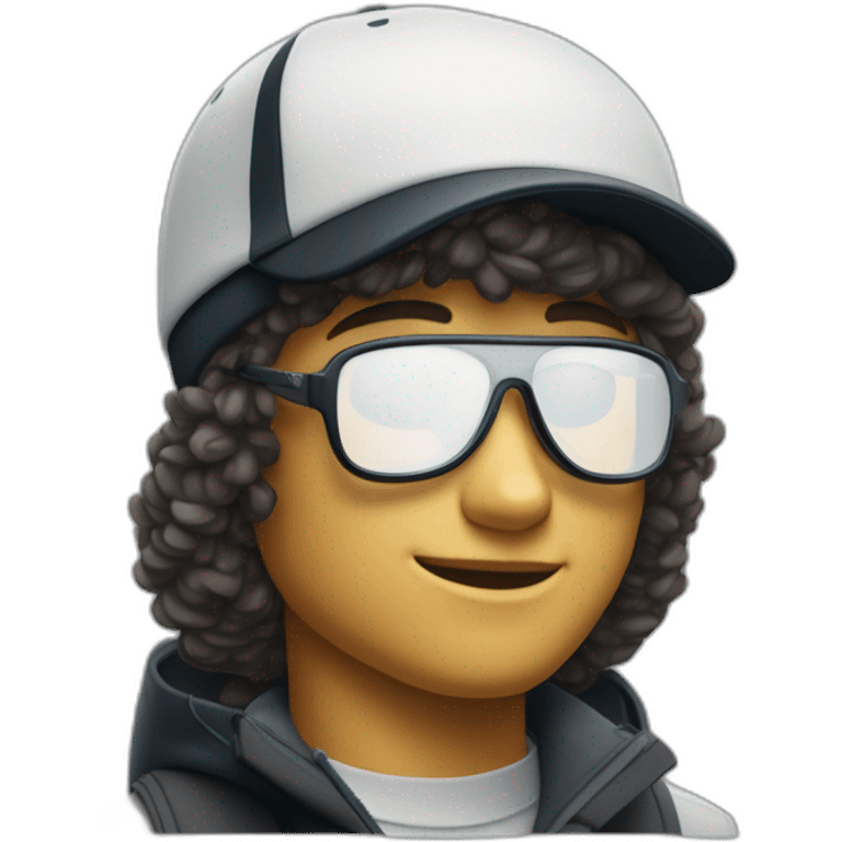 Un garçon blanc qui porte das lunettes de ski, il a les cheveux noirs, un survetement de lacoste et une casquette nike emoji