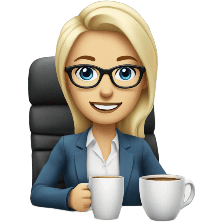 Corporate blonde boss lady with glasses happy blue eyes sitting at a desk drinking coffee  emoji