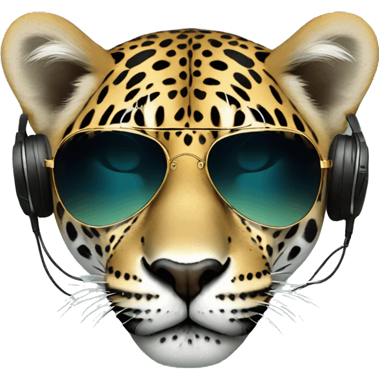 cool jaguar dj, emoji face, looking forward, wearing cool sunglasses, wearing over-ear headphones on top of head emoji