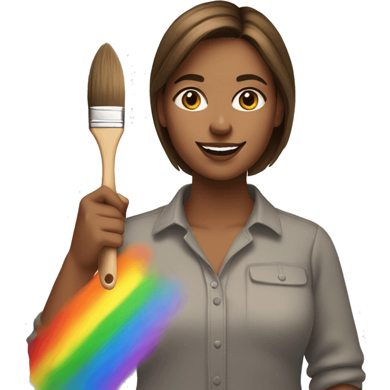 Brown hair woman with a rainbow shirt holding a paintbrush emoji