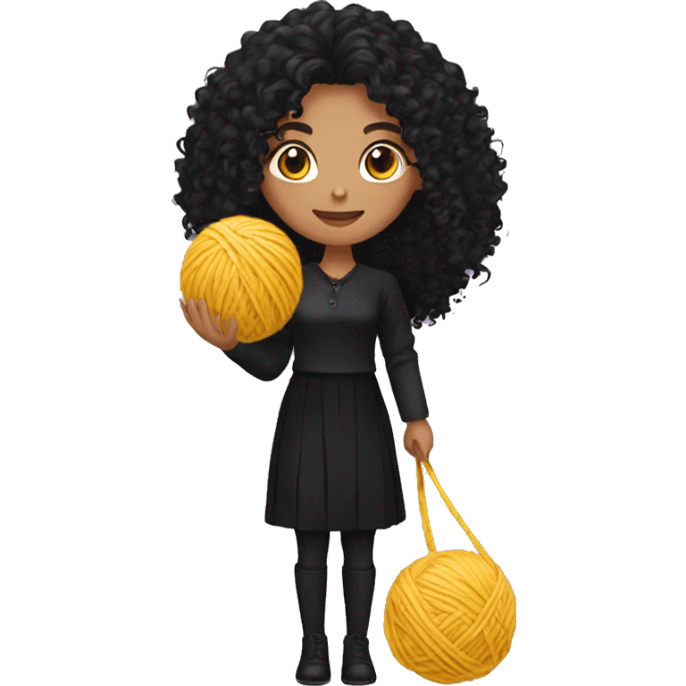 woman with long black curly hair holding one ball of yarn wearing black clothes emoji