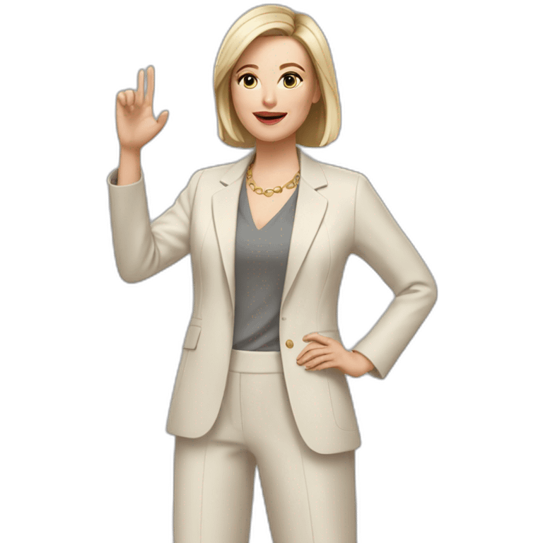 Full height Actively gesturing with hands pale skin woman with ash blonde Straightened bob Hair, White Spacious classical jacket, beige palazzo Arrow pants and gray blouse emoji