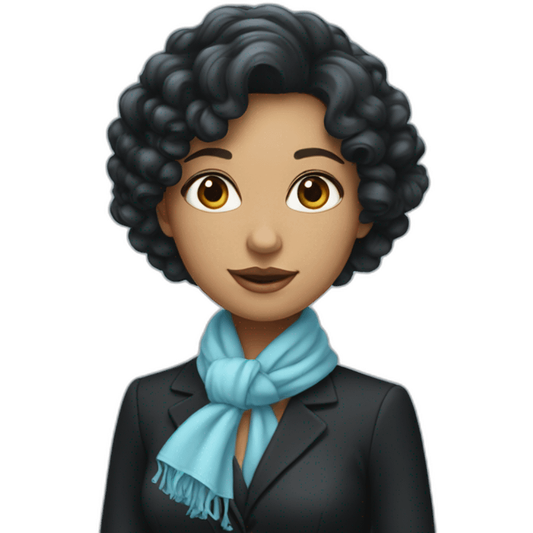 woman with elegant black suit and light blue scarf, long curly black hair emoji