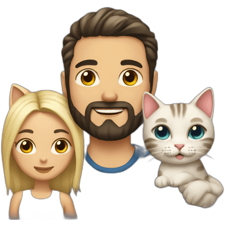 Man dark hair with beard and woman blond hair with tatoos and two cats emoji