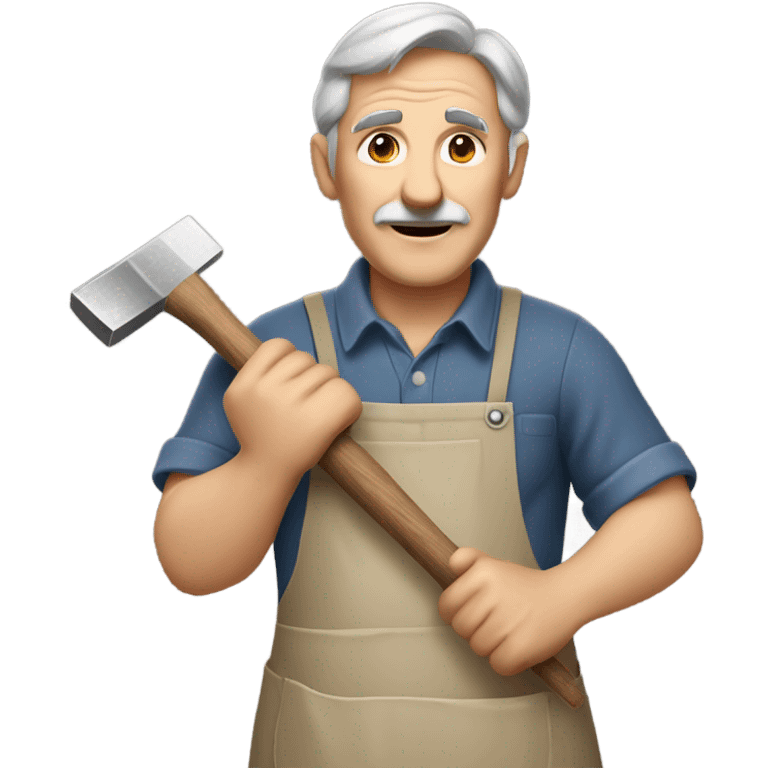 "A older man with rough hands, short light brown hair, and a friendly, naive expression. He wears a work apron over simple clothes and holds a hammer or wood in a rustic workshop." emoji