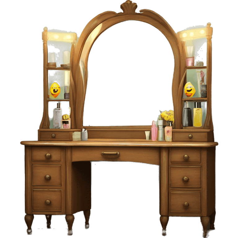 Old fashioned wood vanity with vintage makeup with a old vanity mirror with old lights  emoji