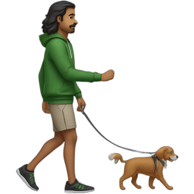 an indian man wearing a green sweatshirt, long hair, no beard, black shorts, walking, side profile, one hand raised slightly below waist level with leash in hand emoji