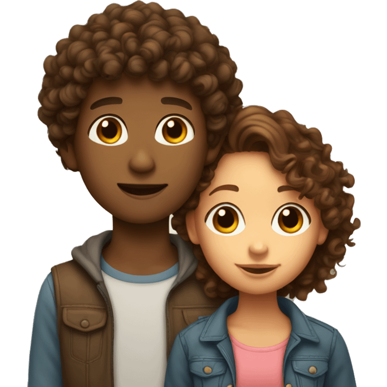 Brown boy with curly brown hair kissing light brown girl with curly brown hair  emoji