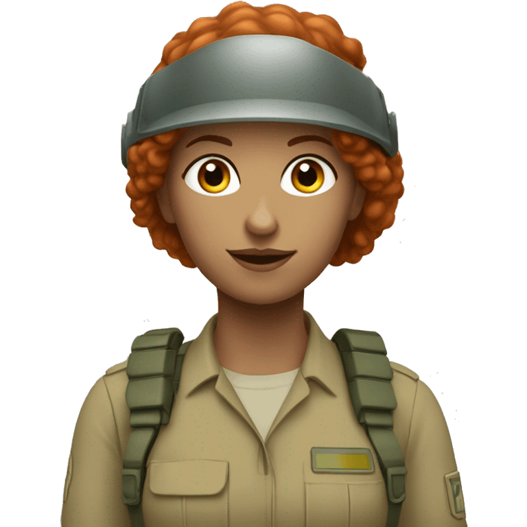 operator dressed in khaki color with a milatary helmet, without glasses, without headset, preferably curly redhead female emoji