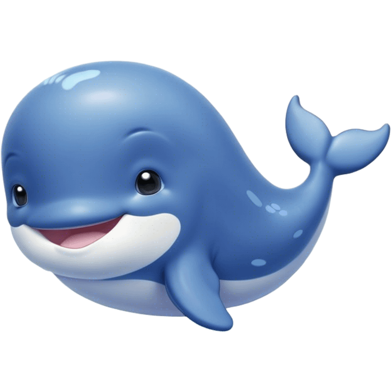 Cinematic happy baby whale, chubby rounded body, tiny smiling face, soft pastel blue hues, gentle glowing waves around, joyful and soothing. emoji