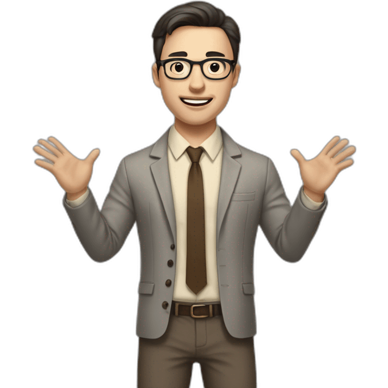 Full height Actively gesturing with hands Pale skinned fit man with dark brown hair in gray jacket, beige office shirt, brown tie, brown pants and vintage glasses. emoji