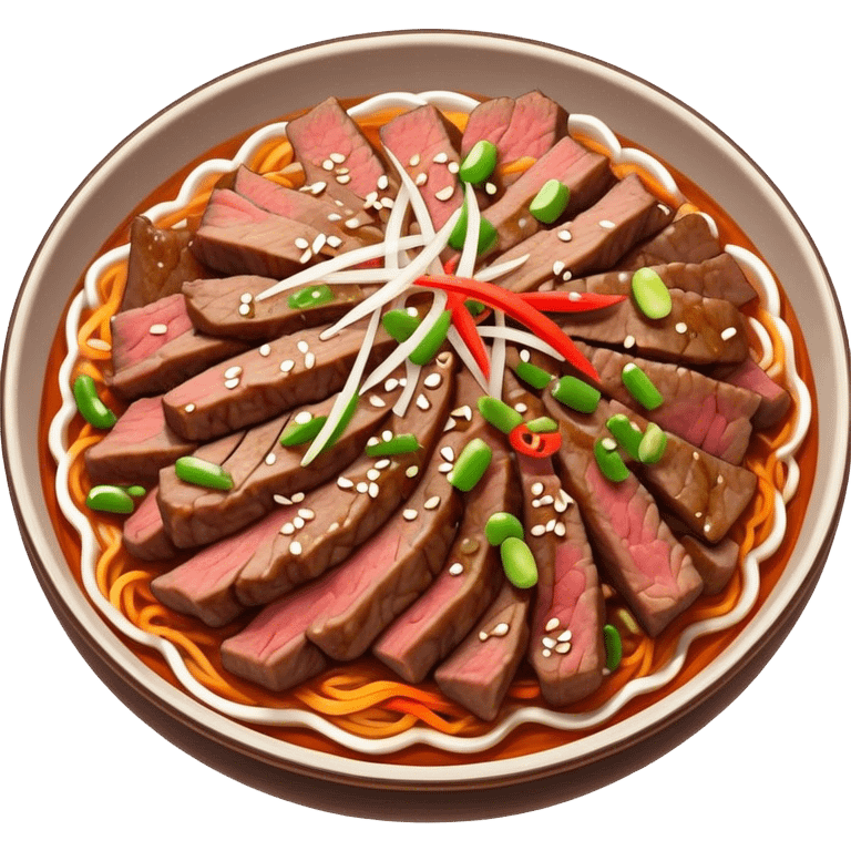 Bulgogi Cinematic Realistic Bulgogi Dish Emoji, depicted as thinly sliced, marinated beef stir-fried to perfection, rendered with dynamic textures and vibrant, appetizing lighting. emoji