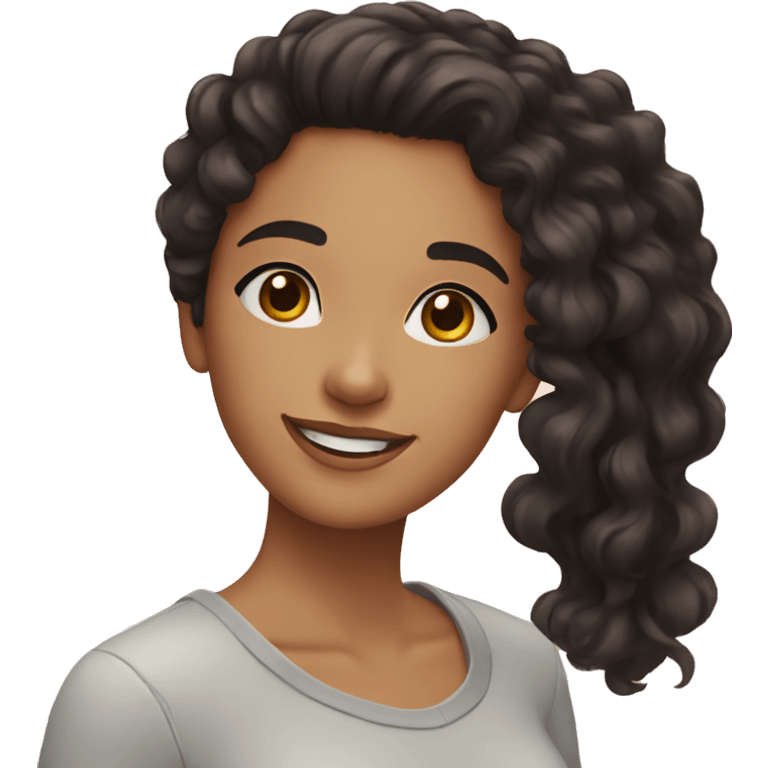 young woman with black curly hair, brown eyes, smiling  emoji