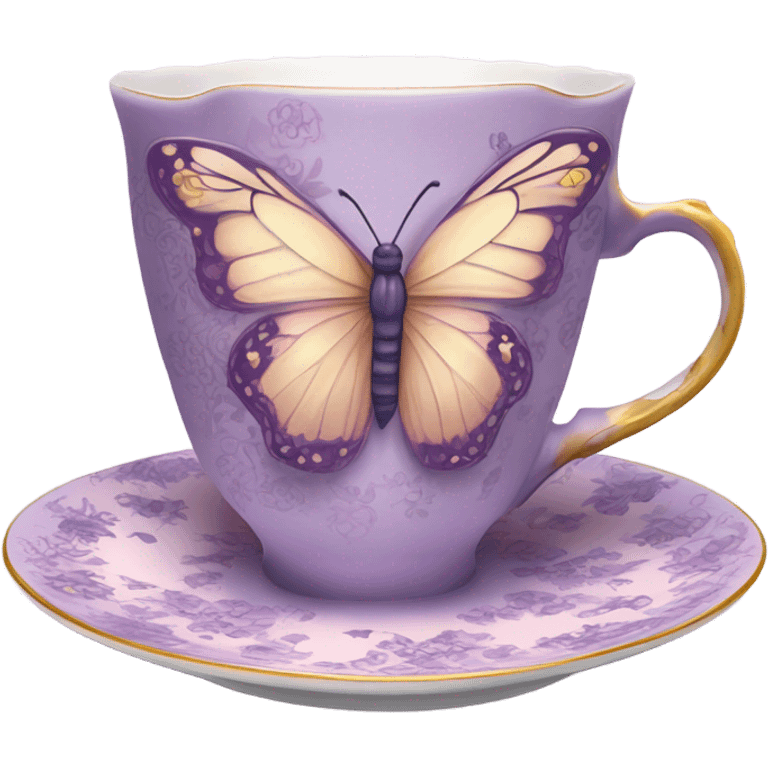 A delicate butterfly with pastel pink wings, resting on the edge of a purple porcelain teacup adorned with intricate violet floral patterns. emoji