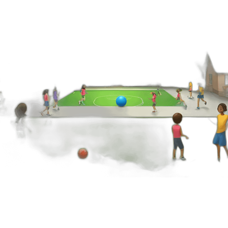 school at the foot of a beautiful green mountain with children playing balls in the backyard emoji