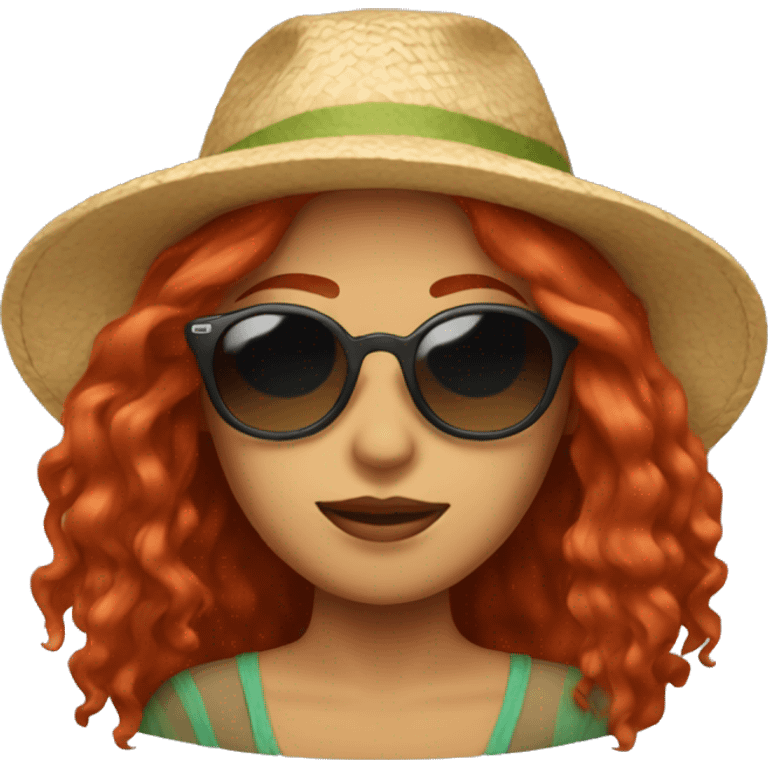 Woman with long red hair, sunglasses, and a beach hat emoji