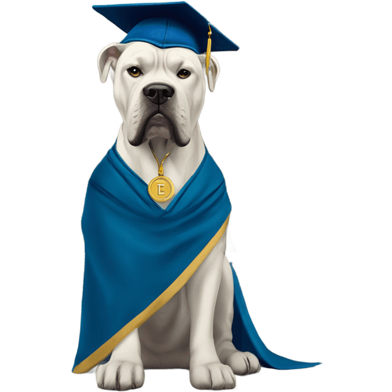 White and gold Cane Corso with glasses and cap and gown in front of the University. emoji