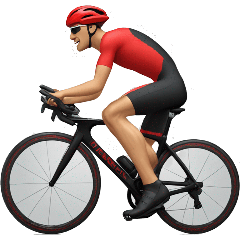 27 year old male with light brown hair riding a red triathlon bike. He is wearing a black helmet, black triathlon suit with red accents and black shoes emoji