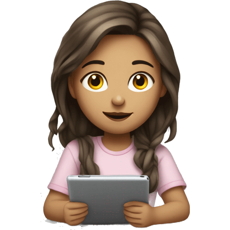 A girl with European features is sitting at a table and drawing on a tablet. emoji