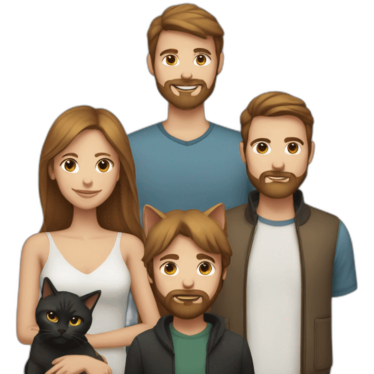 Woman with light straight brown hair and a man with a beard and two cats white and another black emoji