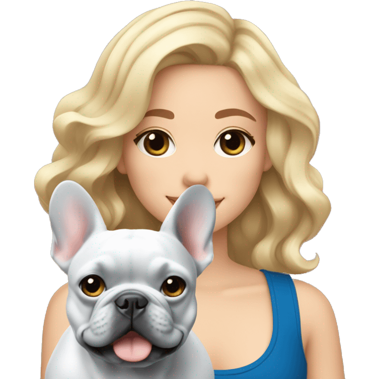 Blonde girl with wavy hair and a blue French bulldog emoji