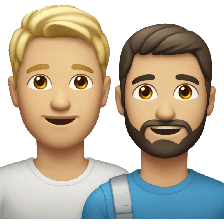 Gay male couple. One has blond hair and blue eyes and no facial hair. The other guy has dark hair and brown eyes and a beard emoji